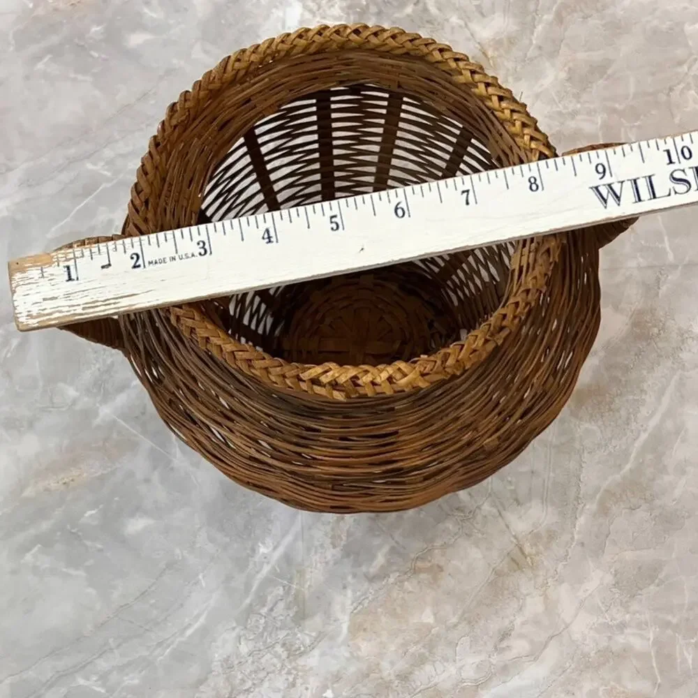 Vintage Two-Toned Brown Woven Rattan Basket with Handles 9